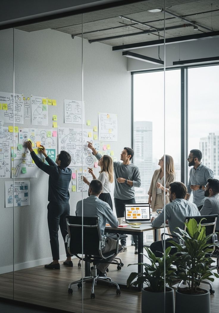 corporate strategy workshop with colorful ideas wall